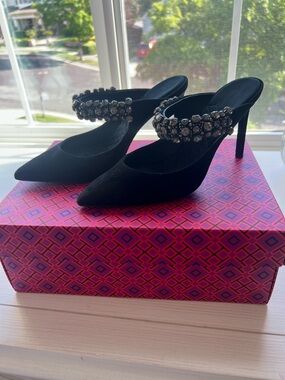 Tory Burch Black Pointed-Toe Jeweled Strap Stiletto Mules